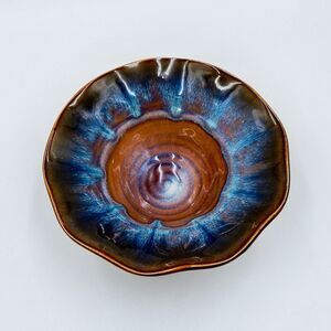 Bill Campbell Pottery Drip Glaze Bowl Ruffle Edge Pedestal Green Brown Signed